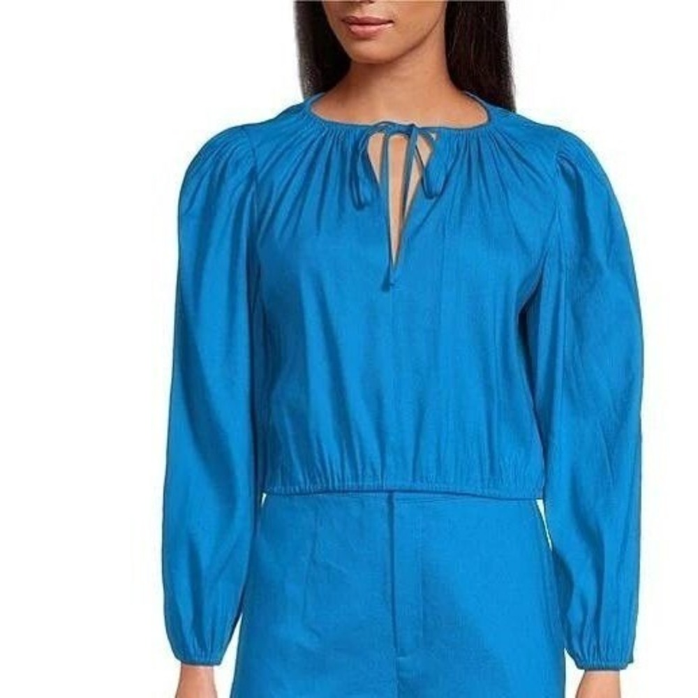 NWT Gianni Bini Linen Blouse Woven Camilla Long Sleeve Pullover Blue Size Large - Picture 2 of 14